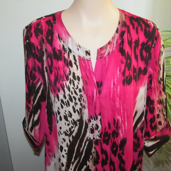 Zac & Rachel Long Loose Tunic Top Flowy Blouse Shirt Pink Black Top LG - Picture 2 of 13